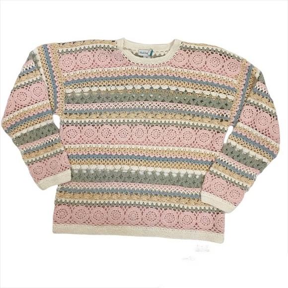 VINTAGE Cottage Crochet Open Knit Linen Blend Sweater Medium Spring Pastel - Picture 1 of 13